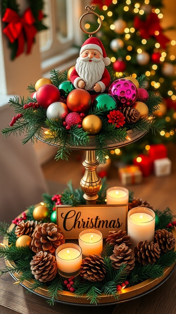 A two-tier tray decorated for Christmas with ornaments, greenery, and candles, set in a festive environment.